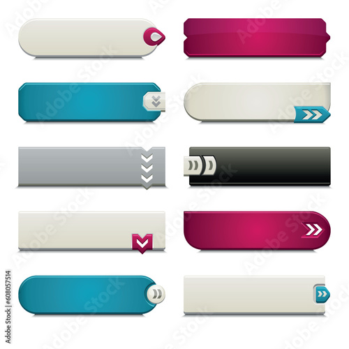Ten call to action buttons, with different styles and shapes. Made with Global Swatches.