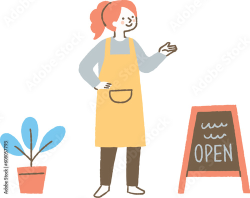 お店のOPENを案内する女性店員_色