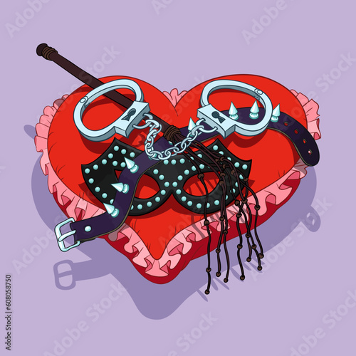 Valentine's Day BDSM gift: mask, handcuffs, lash and collar are placed on the red heart shaped pad
