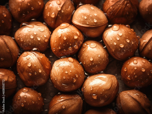 Background texture of fresh natural shelled unsalted raw macadamia nuts in a full frame close up view Generative AI