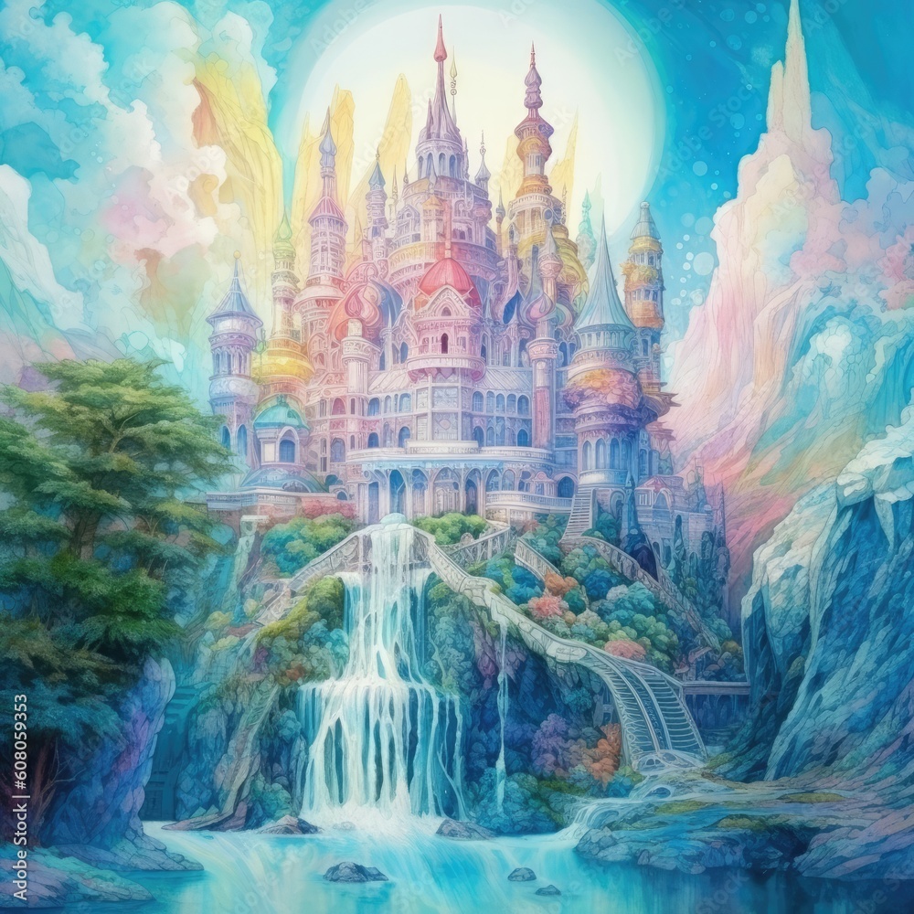 Fototapeta premium Watercolor fairytale palace in a beautiful landscape