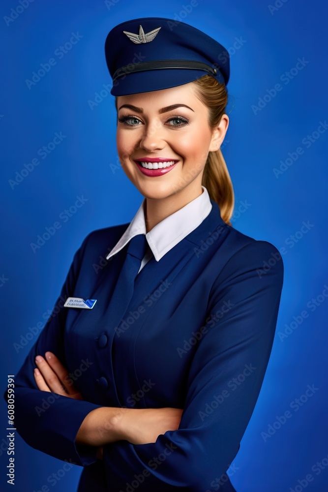 Portrait stewardess smiling confident with blue backgroundAI Generative Portrait stewardess smiling confident with blue backgroundAI Generative