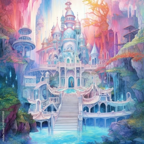 Watercolor fairytale palace in a beautiful landscape