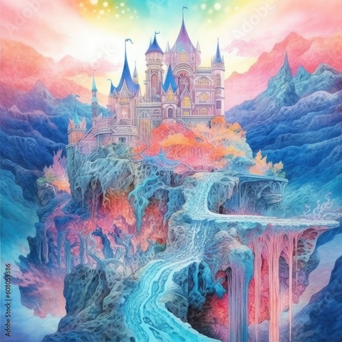 Watercolor fairytale palace in a beautiful landscape