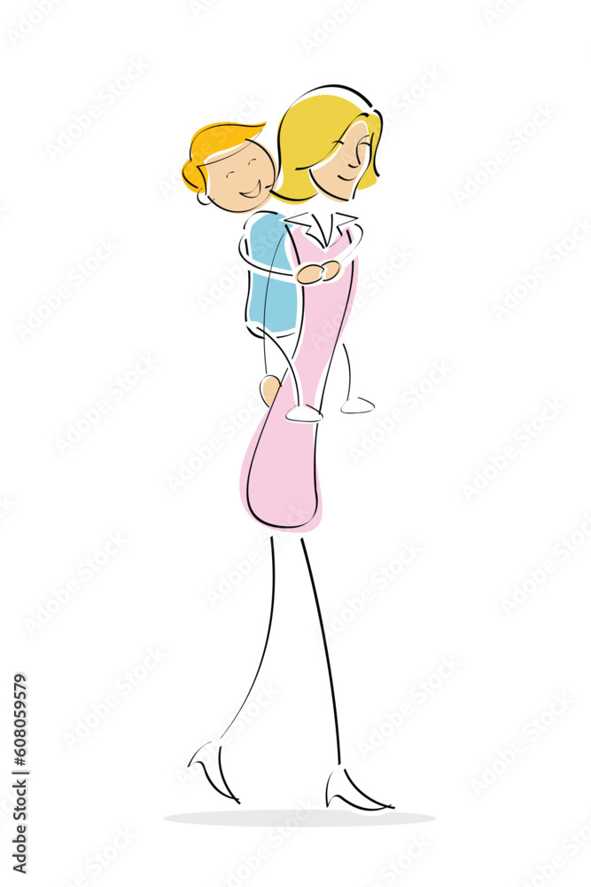 illustration of mother giving her son piggy-back ride on an isolated background