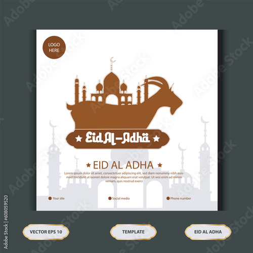 Set Eid al Adha Social Media Post Template. Idul Adha Greeting Card Vector Illustration with vector of sacrificial animals, and Arabic ornaments, mosques, lanterns, Muslims Background