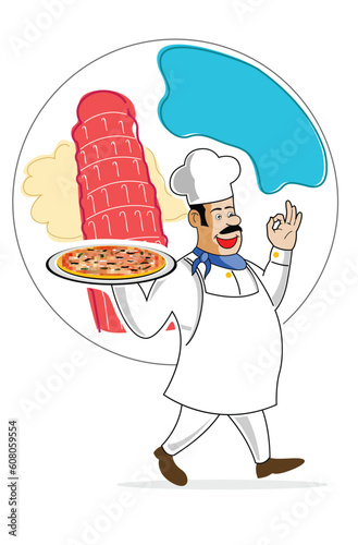 illustration of chef with pizza and leaning tower of pissa at in background photo