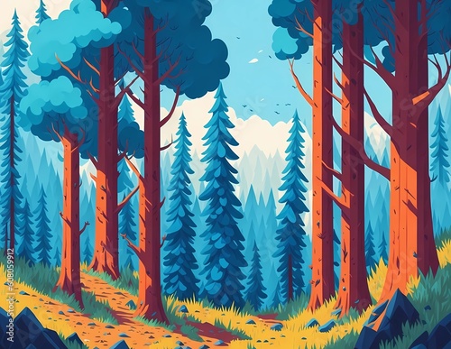Illustration of forest with clear blue sky. Generative ai.