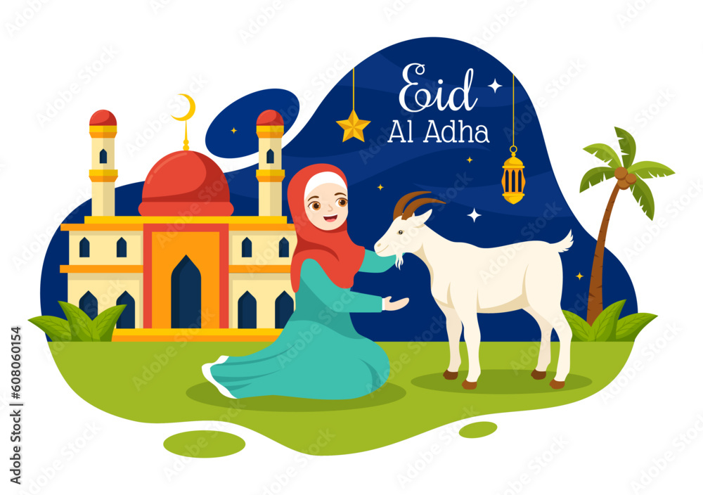 Naklejka premium Happy Eid Al Adha Mubarak Vector Illustration of Kids Muslims Celebration with Sacrificial Animals Goat and Cow in Cartoon Hand Drawn Templates