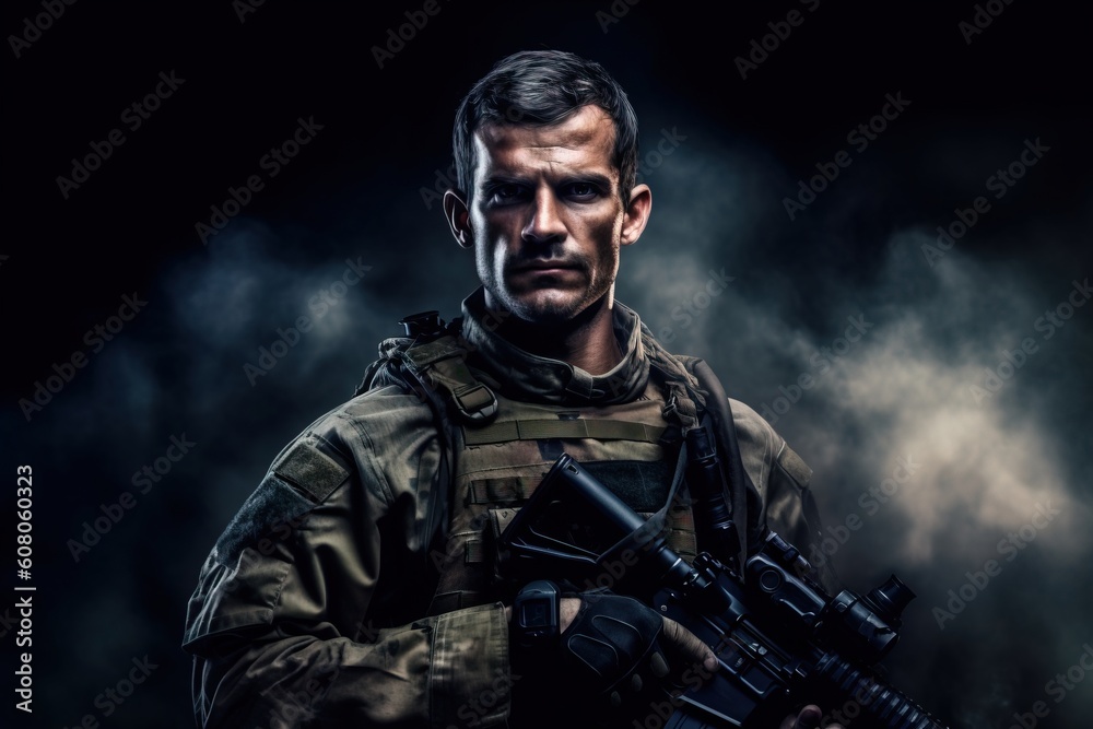 Portrait soldiers with guns on the black background AI Generative