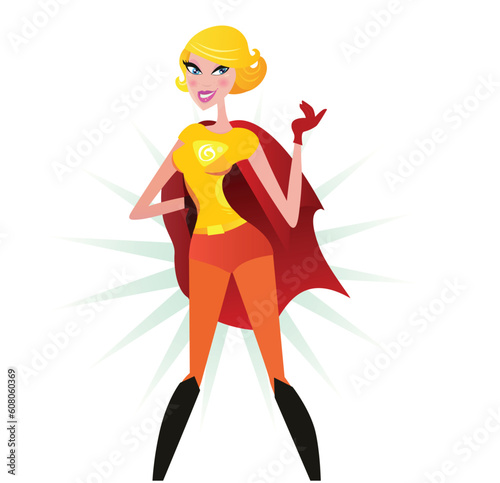 Sexy superwoman in red costume. She is strong and powerful. Vector Illustration of sexy super woman isolated on white background.