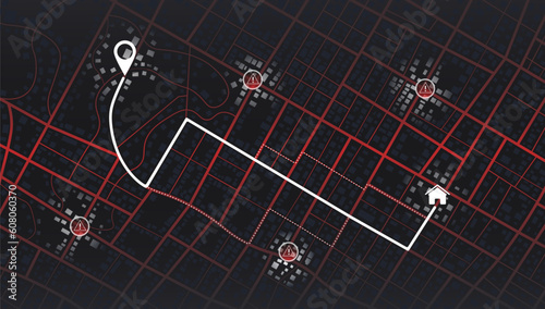 City Navigation and GPS map: Vector Illustrations of Urban Districts, Roads, and Landmarks. Top-Down View . Closed area, district, road. Detailed view of city from above. City top view. Red Sign.