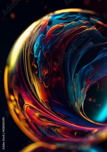 transparent crystal ball. colorful fluid abstract motion illusion. on a black background. generative ai