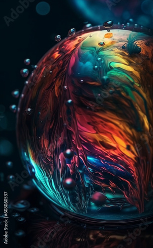 transparent crystal ball. colorful fluid abstract motion illusion. on a black background. generative ai