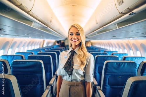 Portrait stewardess smiling confident on the airplane cabin AI Generative
