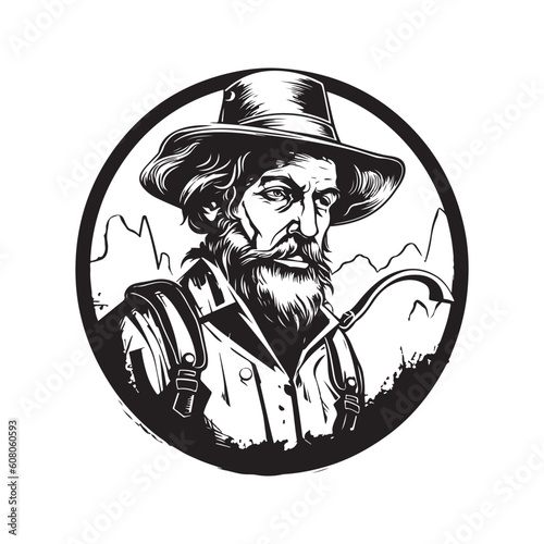 miserable prospector, vintage logo line art concept black and white color, hand drawn illustration