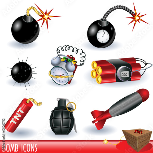 A collection of bomb icons, color illustration isolated on white background.