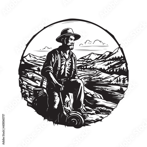 lonely miner, vintage logo line art concept black and white color, hand drawn illustration