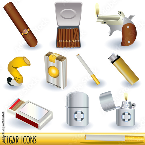 A collection of cigars, cigarettes and cigarette lighters, color illustrations isolated on white background.
