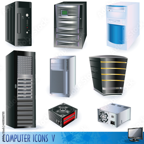 A collection of computer icons, servers, towers and power supplies.