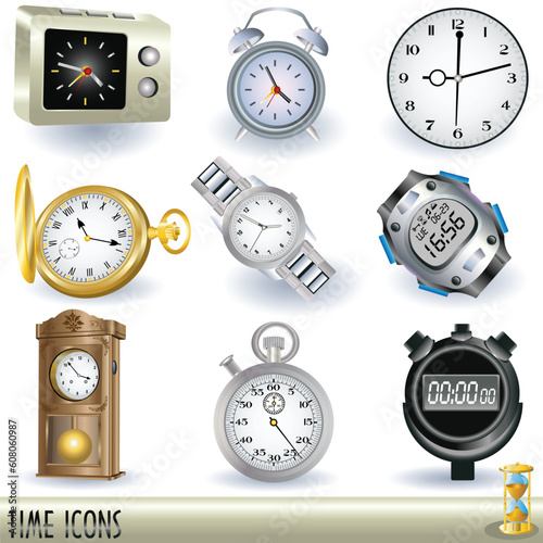 A collection of watches and stopwatches, color realistic illustrations.