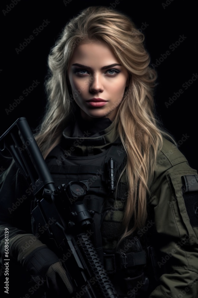 Portrait female soldiers with guns on the black background AI Generative Portrait female soldiers with guns on the black background AI Generative