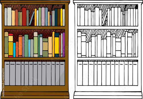 Various kinds of blank books placed in a 3-tier wooden bookshelf with color and black-only versions.