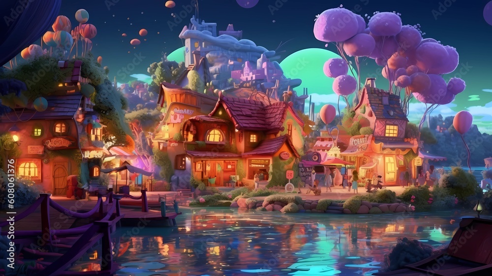 Obraz premium Fairy Town. Cartoon style scene. Cute and Cozy Neighborhood. Drawing Painting Illustration. Generative AI.