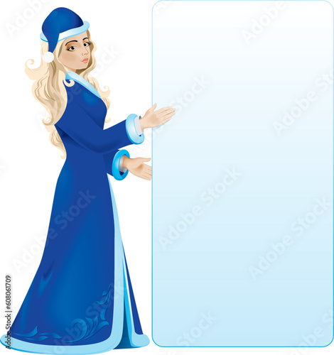 Snow maiden with white blank in a blue coat. Vector illustration on white background