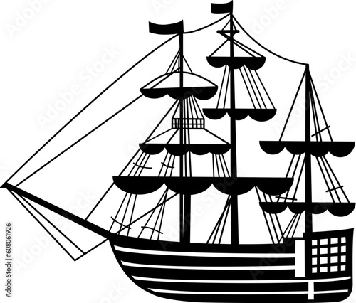 graphic sailing-ship pen drawing silhouette