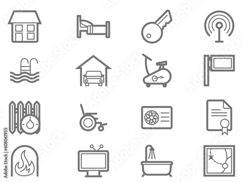 Real Estate and Accommodation amenities icon set
