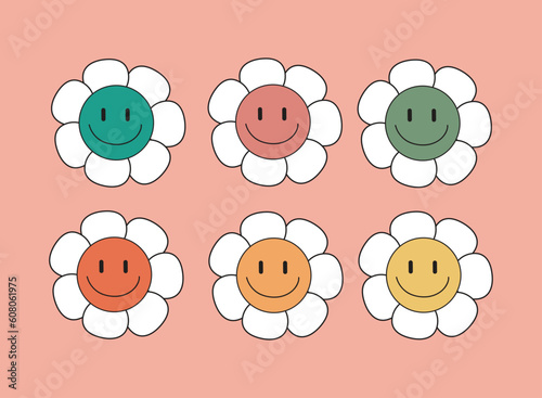 Groovy flower cartoon characters. Funny happy daisy trendy retro trippy style.