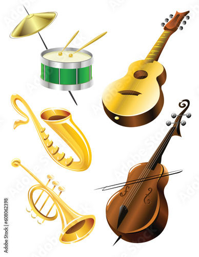 Drum, guitar, tramble, sax, kontrabas music instruments - vector illustration
