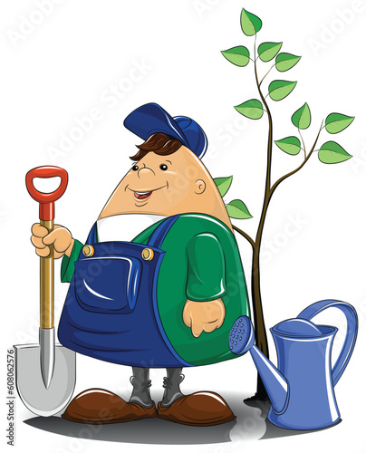 gardener with spade watering can and tree vector illustration