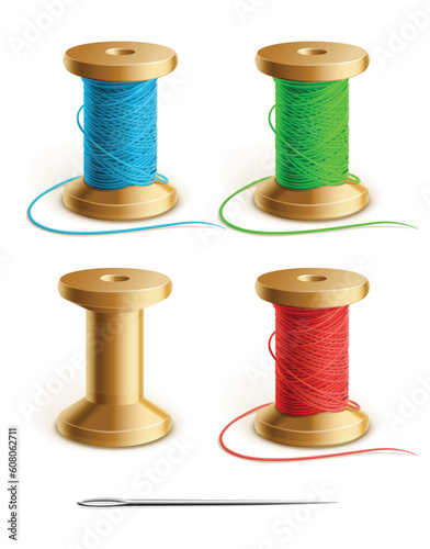set reel with thread and needle vector illustration isolated on white background