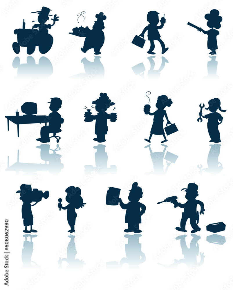 A collection of silhouettes of various professions and workers.