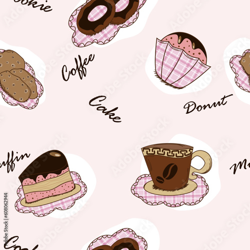 Vector seamless background with cakes, cookies, muffins and coffee