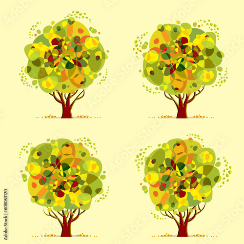 Stylized trees with leaves falling on wind, round shaped