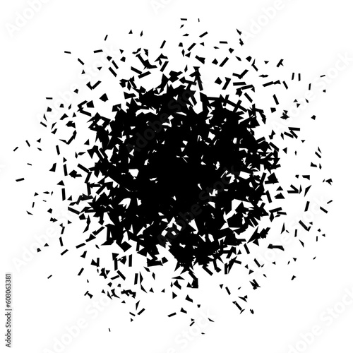 Shatters and debris in radial shape. Black broken pieces, specks, speckles and particles. Abstract explosion and burst textured element. Vector illustration 