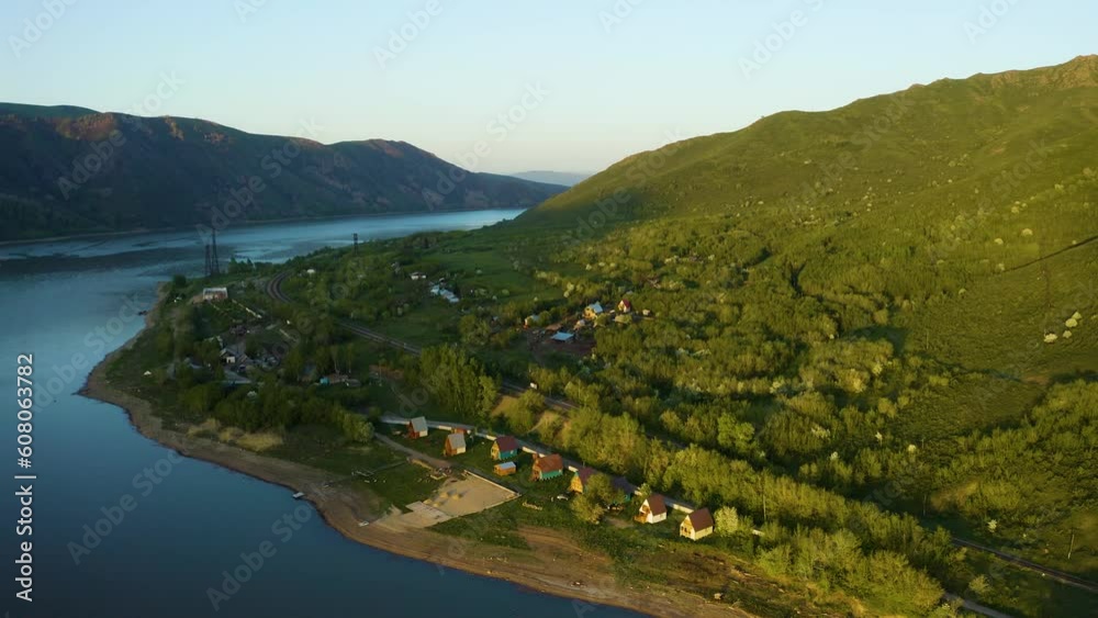 aerial sunset sun over a lake with mountains, beautiful nature of east kazakhstan, Bukhtarma reservoir, aerial sunset sun over a lake with mountains, beautiful nature of east kazakhstan, Bukhtarma reservoir,