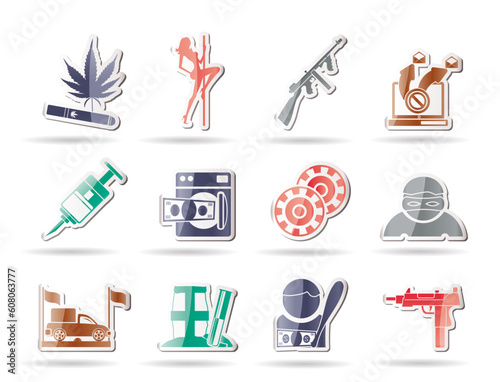 mafia and organized criminality activity icons - vector icon set