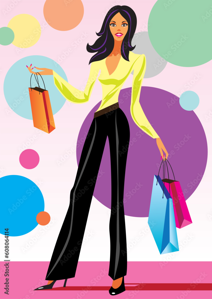 fashion shopping girls with shopping bag - vector illustration fashion shopping girls with shopping bag - vector illustration