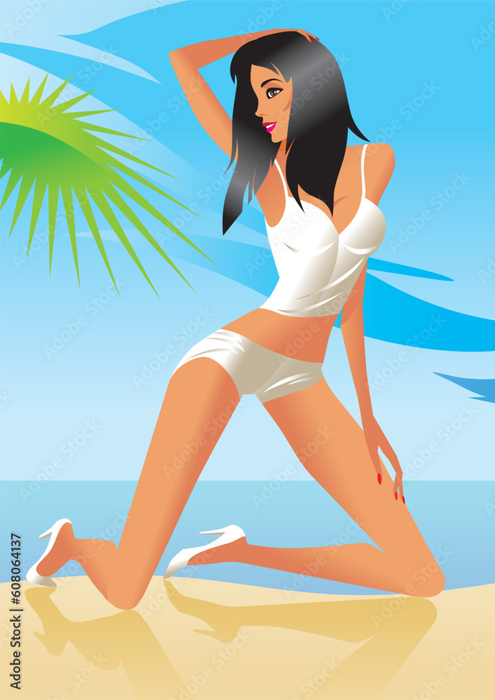 Sexy model at the beach - vector illustration