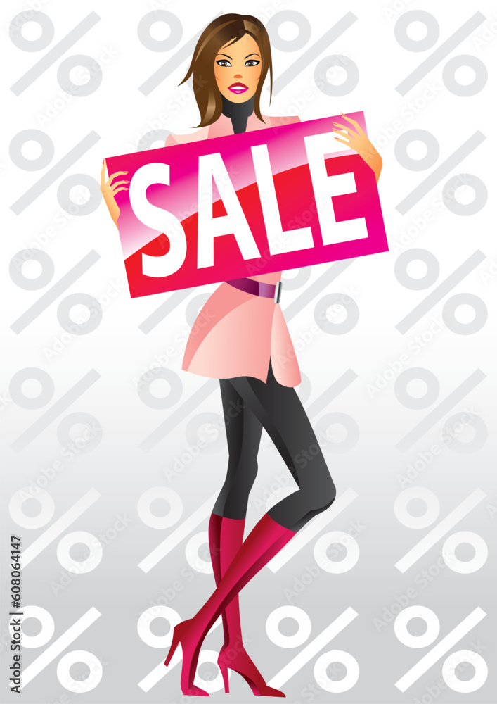 fashion shopping girls with board sale - vector illustration fashion shopping girls with board sale - vector illustration