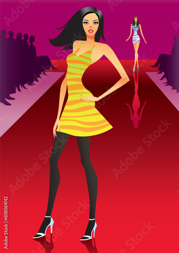 two fashion models presenting a new collection to the audience - vector illustration