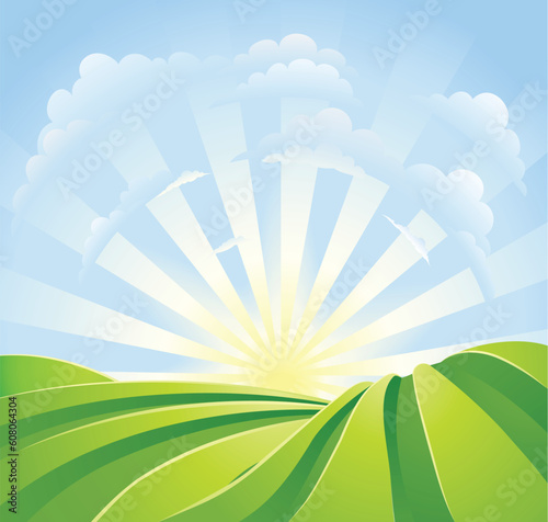Illustration of idyllic green fields with sunshine rays and blue sky. A perfect landscape scene.