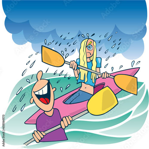 Cartoon illustration of wet angry blonde girl in kayak, bad rainy weather and boy laughing