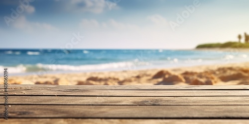 Wooden board on the beach with light exposure AI Generative