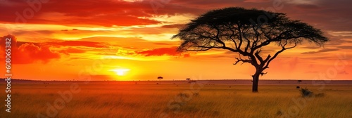 Portrait sunset on the savanna with tree AI Generative photo