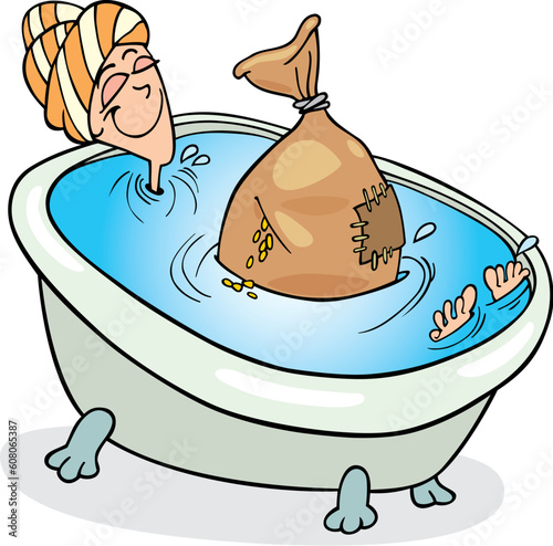 Illustration of woman taking bath with cereals for beauty